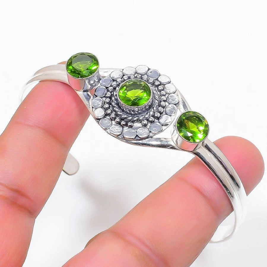 Green Peridot Gemstone 925 Sterling Silver Jewelry Adjustable Cuff Bracelet - Image 1 of 1