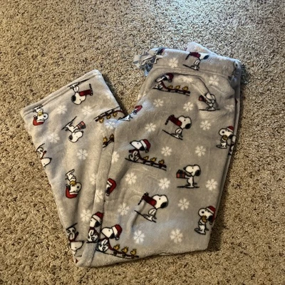 SNOOPY & WOODSTOCK Snowflakes Gifts FLEECE LOUNGE PAJAMA PANTS Ladies L - Image 1 of 4