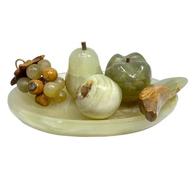 Juego Decorativo Vintage Piedra Ónix Plato Frutal Tallado Uvas Pera Plátano Manzana Foto 1 de 4