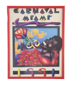 Vintage Carnaval Miami 1991 Poster, Framed in Red Acrylic, 23" X 18" - Picture 1 of 7