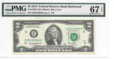 2013 $2 FRN RICHMOND (EA Block) PMG 67 EPQ SUPERB GEM UNCIRCULATED - Image 1 of 4