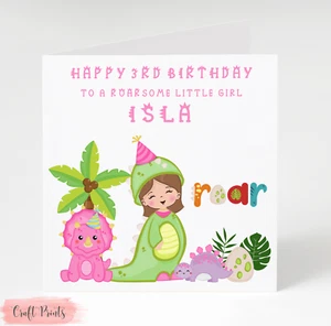 Personalised Dinosaur Girl Birthday Card Daughter Granddaughter 1st 2nd 3rd 4th - Picture 1 of 2