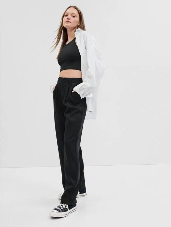 GAP Pleated Loose Straight Trouser Black Tencel Y2k Pants Size 8 #773465 - RT