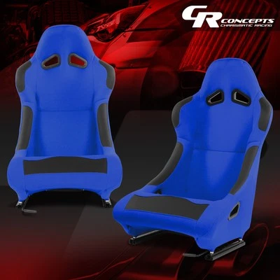 2X Universal Blue Woven Fabric Fixed Position Racing Bucket Seats w/ Sliders L+R - Image 1 of 4