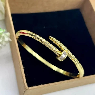 Nail Bangle Bracelet 14K Yellow Gold Plated Round Cut Lab Created Diamond 2.CT - Image 1 of 3