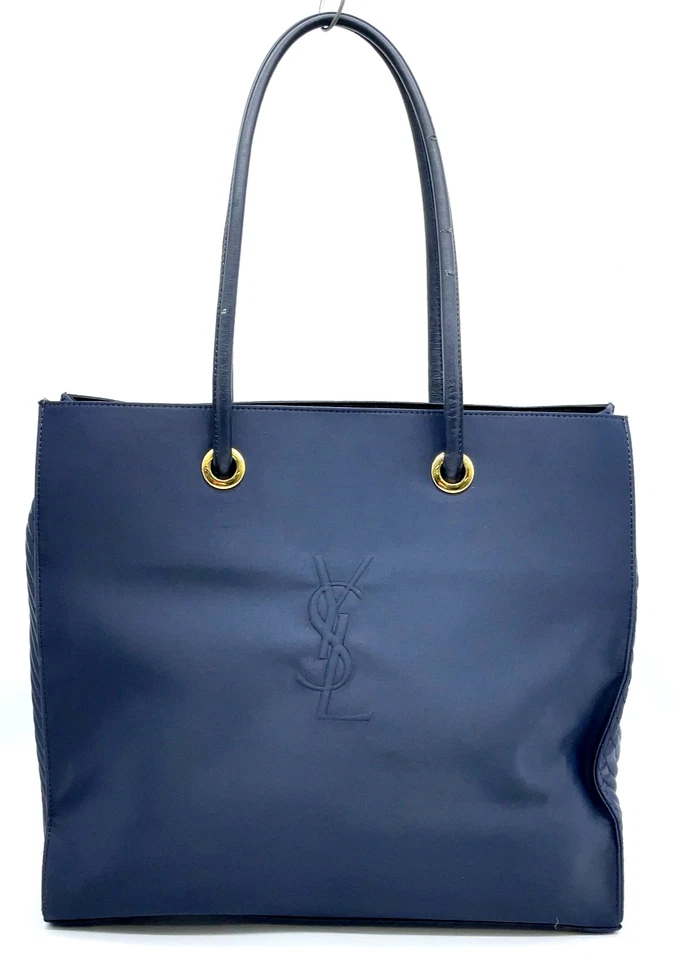 Auth Yves Saint Laurent YSL Cassandra Logo Navy Nylon Tote Bag i110659 - Image 1 of 4