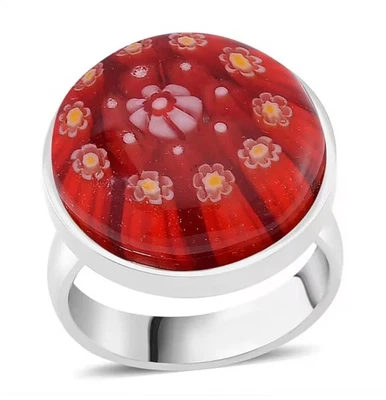 Red Floral Glass Murano Style Size 7 Ring Luxury Stainless Steel 316L Milifiore - Image 1 of 4