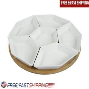 Juego de servidor de condimentos de 7 piezas con cuencos de bambú Lazy Susan gres nuevo - Imagen 1 de 2