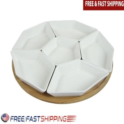 7 Piece Condiment Server Set W/ Bamboo Lazy Susan Stoneware Serving Bowls New - Image 1 of 2