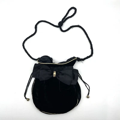 Bolso de Hombro Vintage Años 70 Terciopelo Negro Borde Dorado Lazo de Seda Estrás Cordón Foto 1 de 4