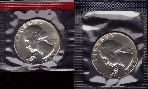 1981 P&D UNCIRCULATED WASHINGTON QUARTERS IN MINT CELLO (2 COINS) Cover