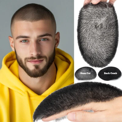 Mens Toupee 100% Remy Human Hair Piece Wig PU Buzz Cut/Comb Back/Fake Mustache - Image 1 of 4