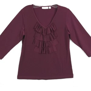 Susan Graver Womens Blouse Top 3/4 Sleeve V Neck Ruffle Burgundy Stretch XS - Picture 1 of 9