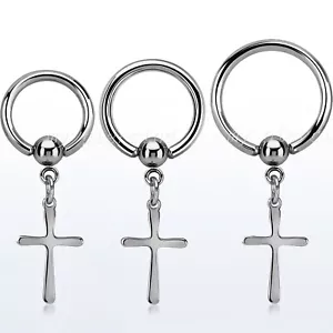 1pc. 14G Surgical Steel Captive Bead Ring with Dangling Cross Cartilage Earring - Picture 1 of 3