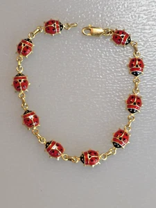 6.09g 14K YELLOW GOLD and ENAMEL LADYBUG BRACELET 7" Italy Euc red ladybugs - Picture 1 of 16