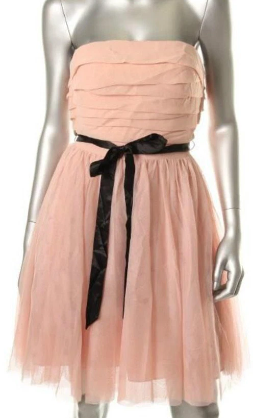 AQUA Blush Pink Tulle & Chiffon Strapless Sashed Flare Party Dress 10