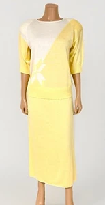 Vintage 80s Yellow Rayon? Knit Sweater Skirt Set Large Shoulder Pads Amazing! - Picture 1 of 5