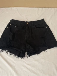 Pantalón Corto I&M Mujer M Negro Denim Kylie Corte Tiro Alto Desgastado Dobladillo Deshilachado - Imagen 1 de 5