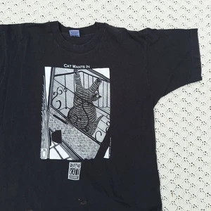 Vtg Stuart Katt Cat Wants In Out Double Sided Graphic Funny Black T Shirt Large - Picture 1 of 8