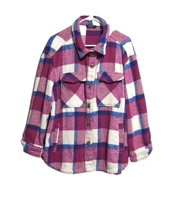 Women's Flannel Shacket Size XL Button Up Long Sleeve Warm Plaid Purple Pink - Picture 1 of 18