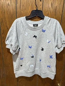 Sudadera Kate Spade Mujer Grande Gris Pullover Mariposa Bordada Cuello Redondo - Imagen 1 de 7
