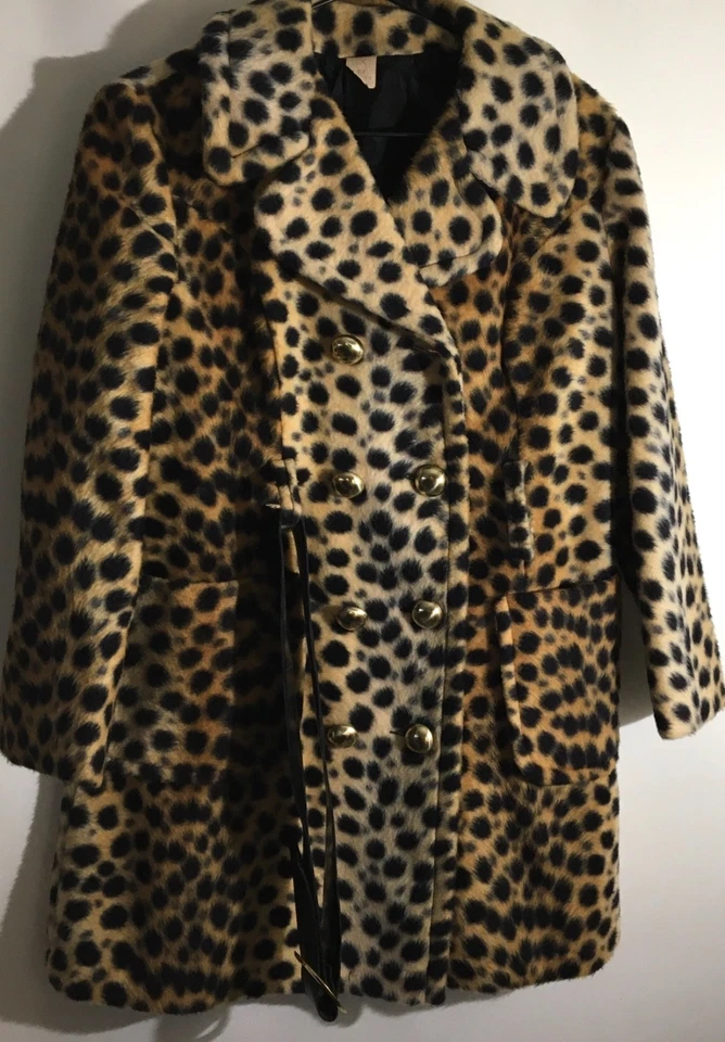Abrigo Vintage Piel Sintética Estampado Leopardo Botón Dorado Doble Pecho Talla Pequeña Foto 1 de 4