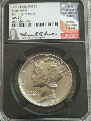 Etiqueta Anna Cabral 2021 $25 1 oz Palladium Eagle alto relieve NGC MS70 FDOI Foto 1 de 4