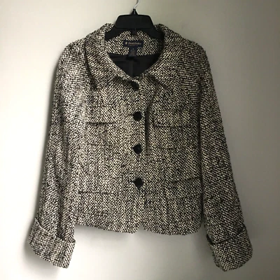 Chaqueta Brooks Brothers Lana Mohair Tweed Mujer 8 Blanco Negro Cupro Bemberg Forrada Foto 1 de 4