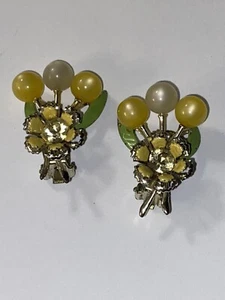 Vintage Plastic Moonstone Enamel Springy Yellow Easter Clip On Earrings - Picture 1 of 5