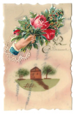 CPA FANTAISIE Ste Catherine en rhodoïd peinte à la main + Chromo bouquet roses