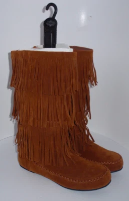 Charles Albert Fringee Moccasin Boots 3-Layer Fringe Cognac Boho Women Sz 10 NEW - Image 1 of 4