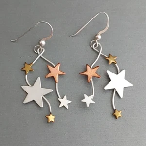 Mixed Metal STAR Dangle Earrings Copper Gold Silver Tone Sterling Earwires 2" - Picture 1 of 6