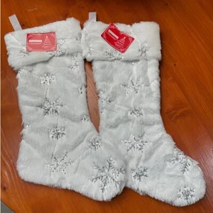 NWT - White Christmas Stockings with Silver Sequin Snowflakes-Set of 2 - Picture 1 of 4