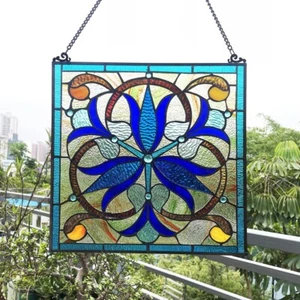 Stained Glass Victorian Tiffany Style Suncatcher Art Glass Window Panel 16 x 16 - Picture 1 of 6