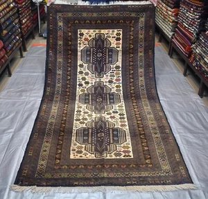 Beige Antique Afghan Persian Baluchi Area Rug 4x7 Handmade Oriental Wool Carpet - Picture 1 of 13