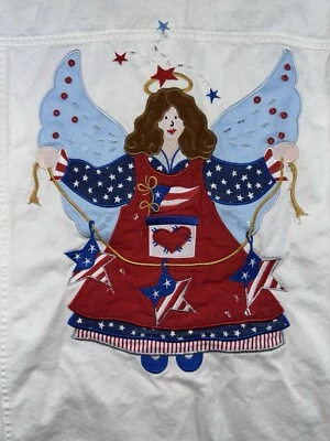 The Quacker Factory Denim Jacket Womens L Embroidered Angel Stars USA Americana - Image 1 of 4