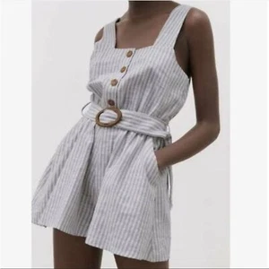 Zara linen blend white & blue striped belted romper jumpsuit NEW - Picture 1 of 9