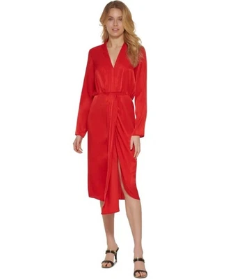 DKNY Women's Scarlet Faux Wrap Long Sleeve Satin Dress, Size 14 - Image 1 of 2