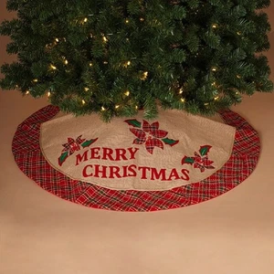 Frohe Weihnachten Sackleinen mit karierter Bordüre Baum Rock 48 Zoll Durchmesser Neu - Bild 1 von 2