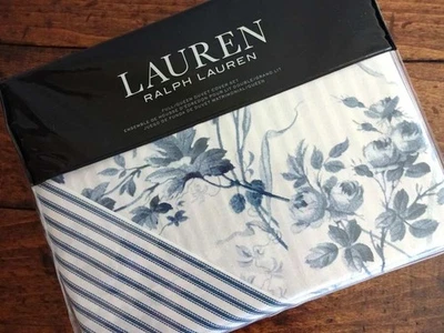 RALPH LAUREN ANNIE BLUE FLORAL Stripe QUEEN Cottage DUVET COVER Sham SET 3PC - Image 1 of 4