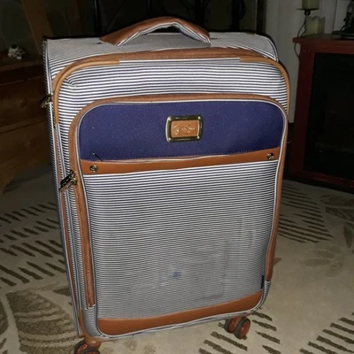 Jessica Simpson Blue & White Striped Spinner Luggage 28"x17"x11" with 2" expan. - Image 1 of 4