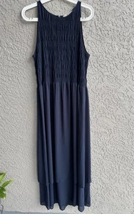 Michael Kors Damen gesmoktes Neckholder Maxi Chiffon fließend marine Kleid Gr. L Neu mit Etikett - Bild 1 von 6