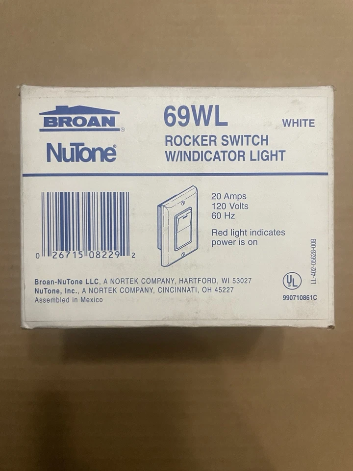 Interruptor basculante Nutone 69WL nuevo en caja con luz indicadora blanca 20a 120v - Nuevo en caja Foto 1 de 4