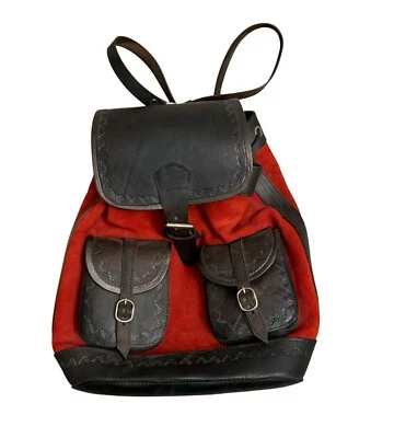 Bolso Mochila Cuero Gamuza Para Mujer Rojo Boho 90 Preppy Artesanal De Colección Foto 1 de 4