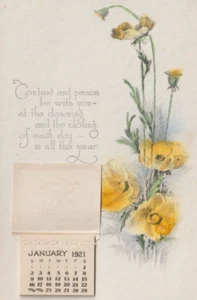 1921 gelbe Mohnblume hängender Kalender Ornament Neujahr Gedicht Grußkarte - Bild 1 von 3
