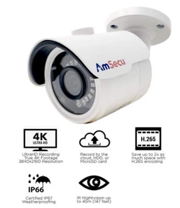 AmSecu UltraHD 4k (8MP) Bullet PoE IP Security Camera, Day/Night/IR 3.6mm Lens - Picture 1 of 4