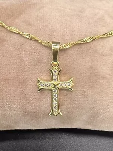 22k 22ct GENUINE Gold Filled Wave Chain With Crystal Crucifix Cross Ref:-13 - Picture 1 of 5