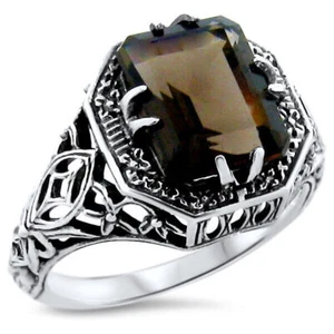 GENUINE SMOKY QUARTZ ART DECO STYLE 925 STERLING SILVER CLASSIC STYLE RING  909Z - Picture 1 of 5
