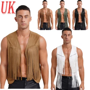 AU Mens Cowboy Vest Tassel Rivets Fringe Waistcoat Western Jacket Rock Costume - Picture 1 of 67
