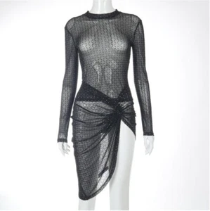 Women Long Sleeve Cut Out Mesh See Through Irregular Sexy Club Knee -Dress #B - Picture 1 of 7
